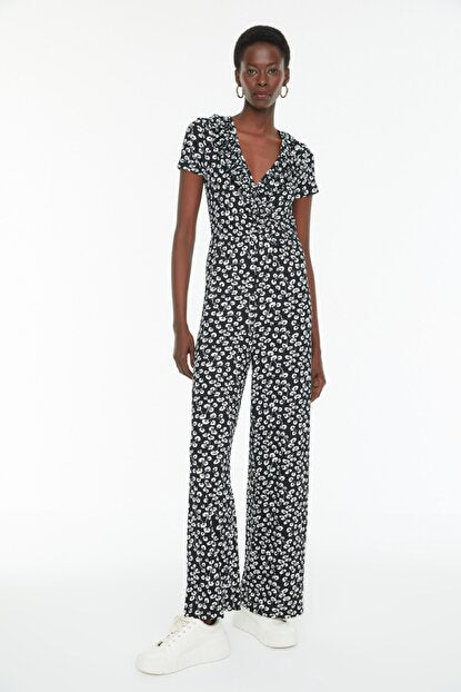 Women's Floral Pattern Black Overall