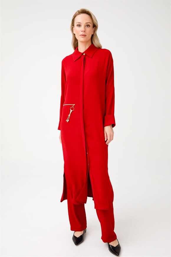 Women's Batwing Sleeves Red Tunic & Pants Set