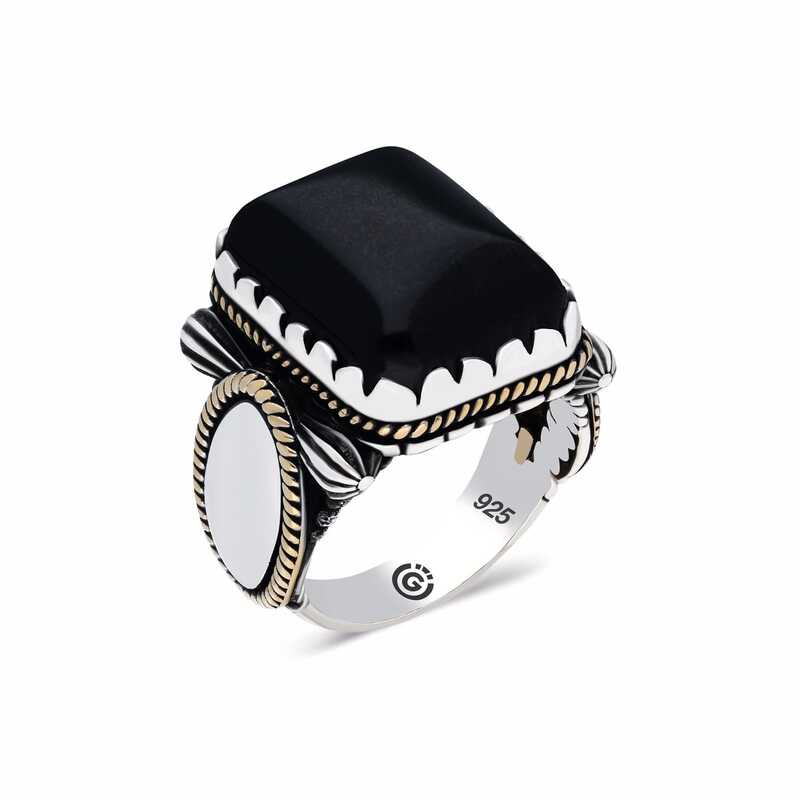 Men's Black Onyx Zircon Gemmed Silver Ring