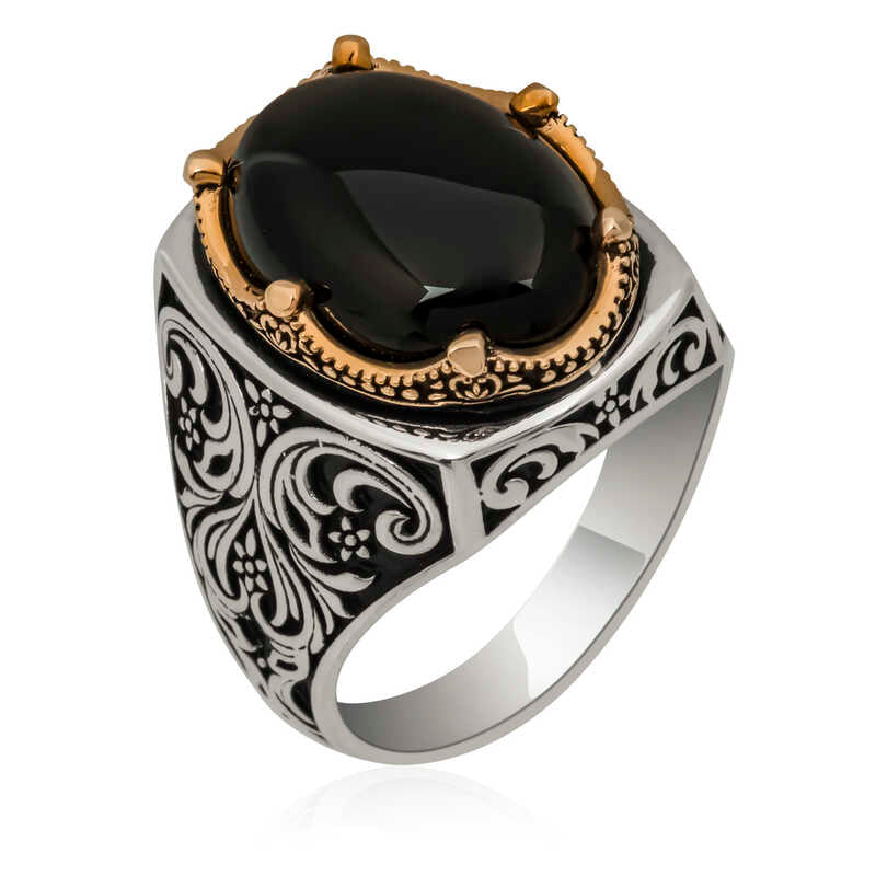 Men's Black Zircon Gemmed Silver Ring