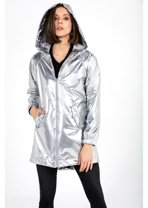 Women's Hooded Zipped Grey Patent Leather Raincoat