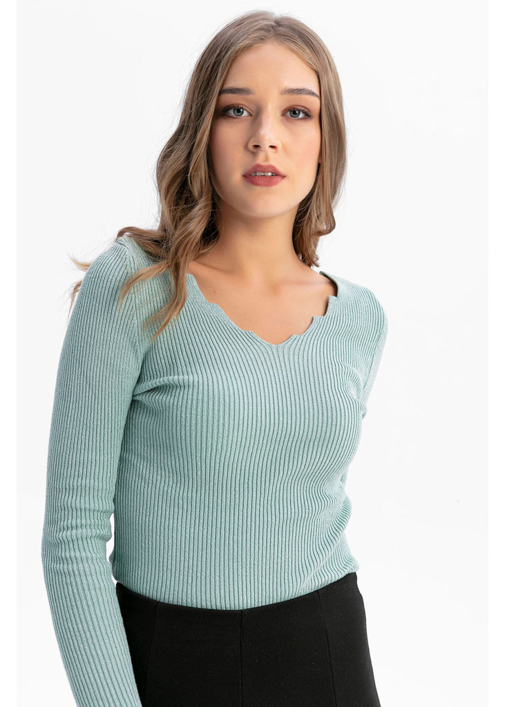 Women's Zig Zag Neckline Mint Green Tricot Sweater