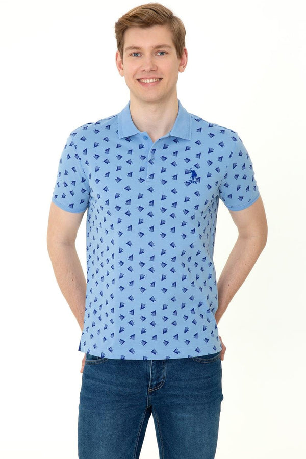 Men's Polo Collar Patterned Blue T-shirt