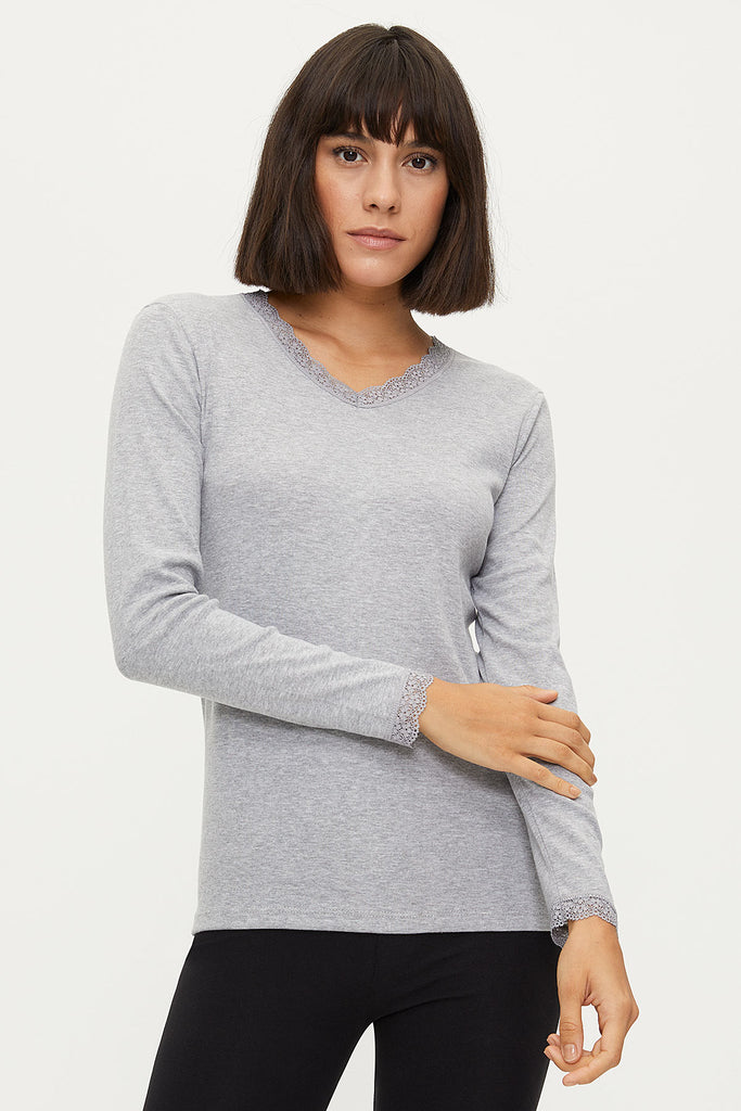 Women's Long Sleeves Grey Melange Cotton Camisole