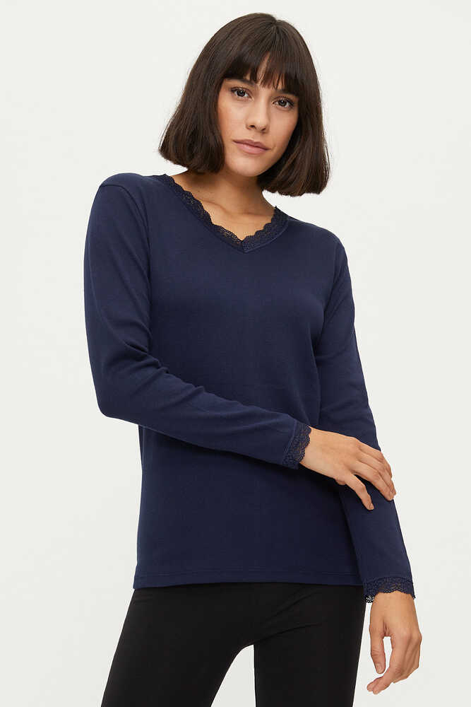 Women's Long Sleeves Navy Blue Cotton Camisole