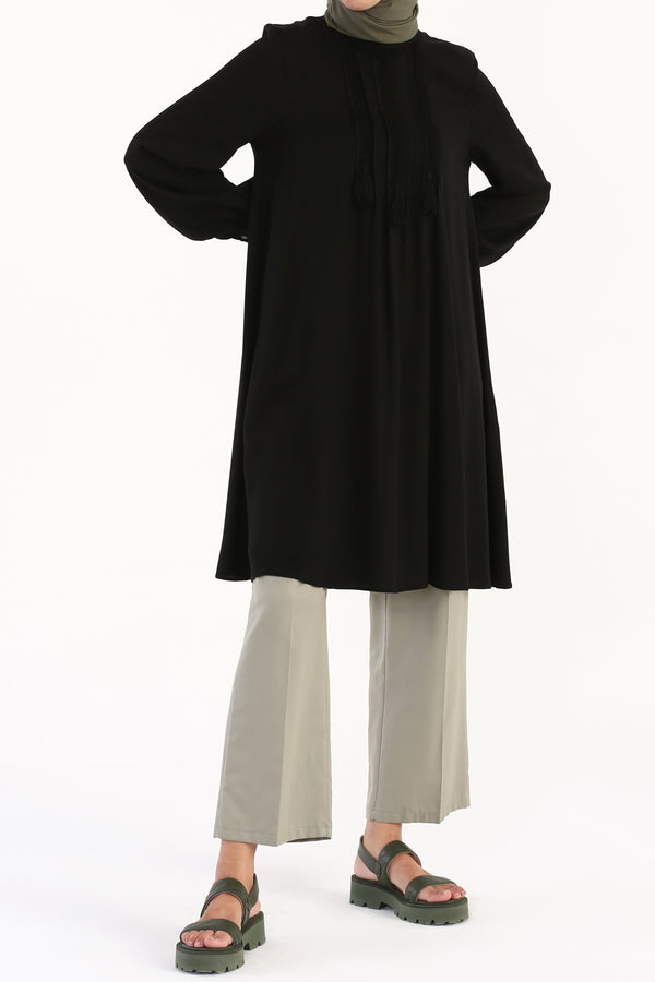 Women's Lace Detail Black Viscose Tunic