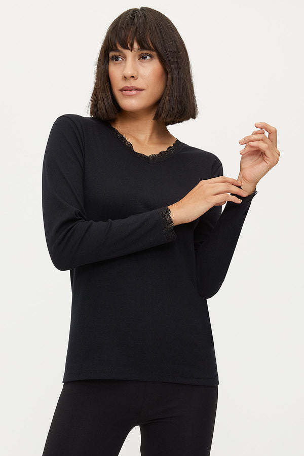 Women's Long Sleeves Black Cotton Camisole