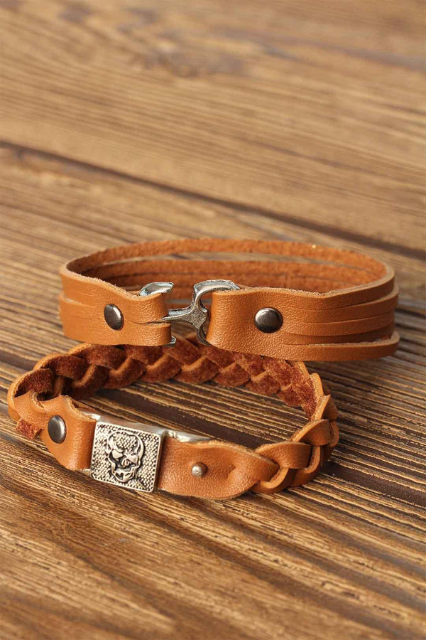 Men's Brown Leather Bracelet- 2 Pieces