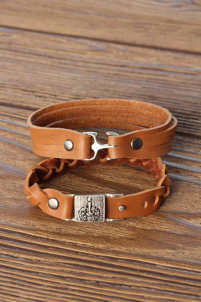 Men's Metal Accessory Brown Leather Bracelet- 2 Pieces