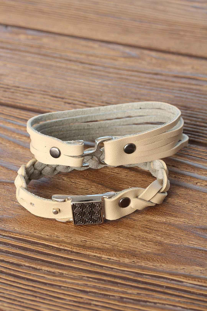 Men's Metal Accessory Cream Leather Bracelet- 2 Pieces