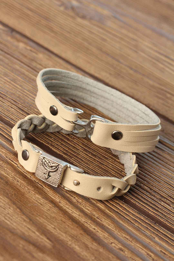 Men's Metal Accessory Cream Leather Bracelet- 2 Pieces