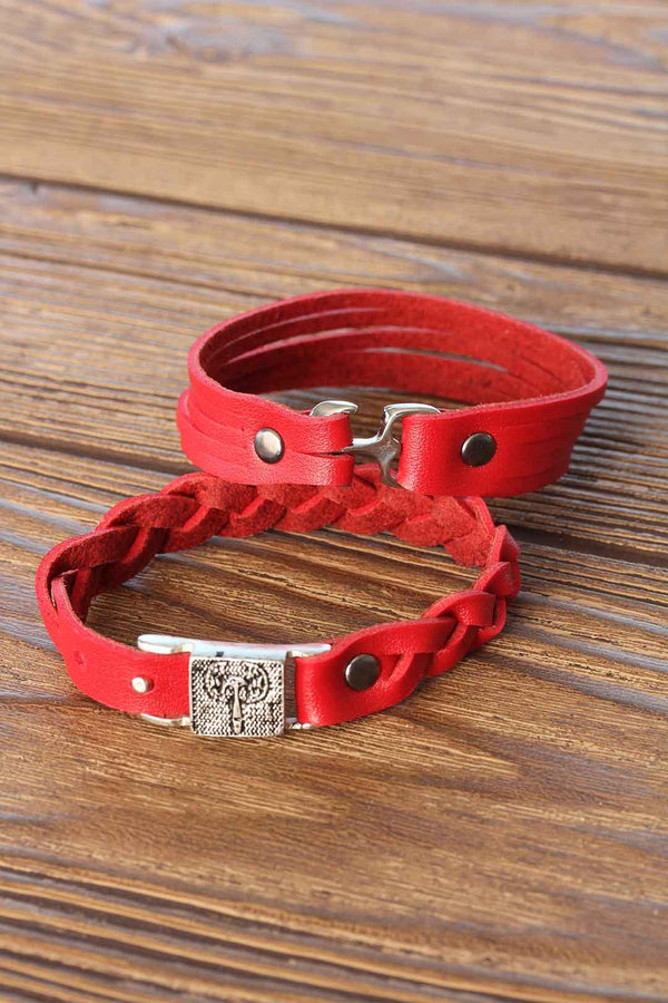 Men's Metal Accessory Red Leather Bracelet- 2 Pieces