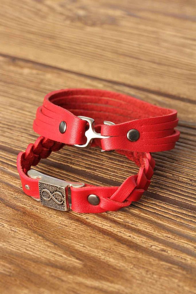 Men's Metal Accessory Red Leather Bracelet- 2 Pieces
