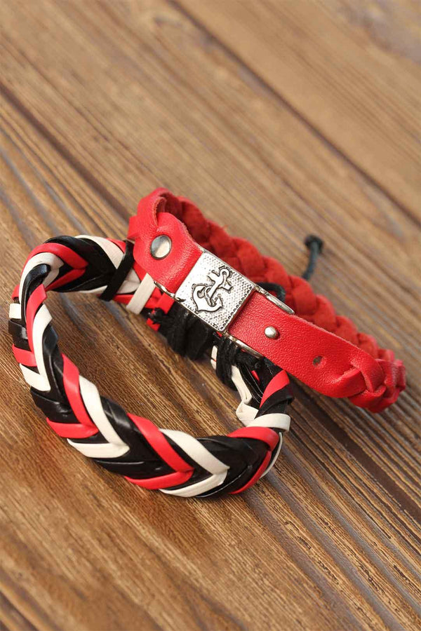 Men's Black Red Leather Bracelet- 2 Pieces