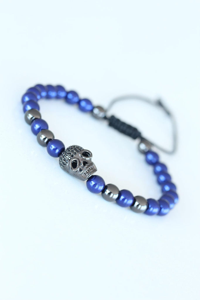 Men's Skull Figure Navy Blue Metal Beads Bracelet