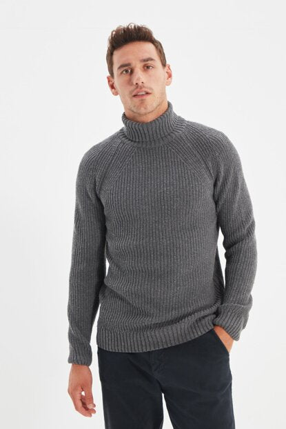 Men's Turtleneck Raglan Sleeves Grey Tricot Slim Fit Sweater