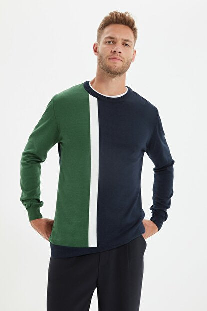 Men's Crew Neck Green Color Block Slim Fit Sweater