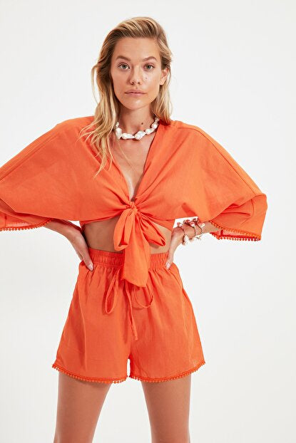 Women's Orange Voile Crop Top & Shorts Set