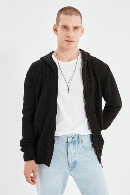 Men's Hooded Zipper Black Slim Fit Cardigan
