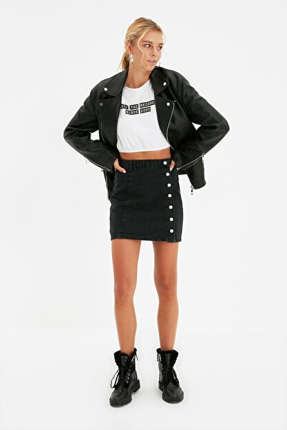 Women's Button Detail Anthracite Denim Skirt