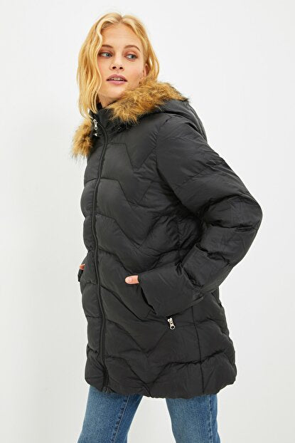 Women's Fur Hood Black Blown Coat