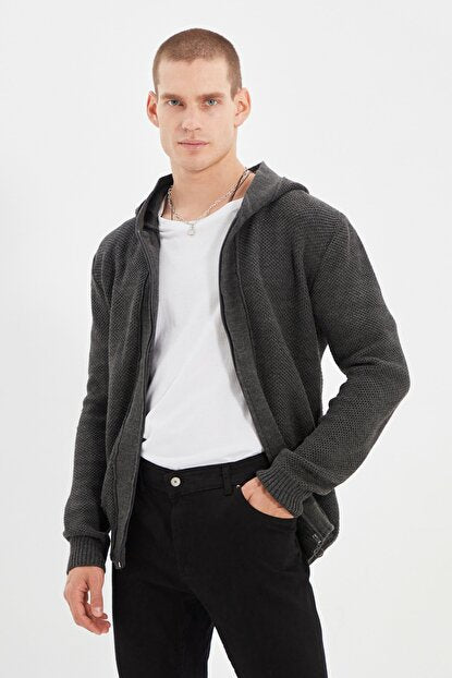 Men's Hooded Zipper Anthracite Slim Fit Cardigan