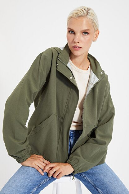 Women's Oversize Hooded Zipper Khaki Coat