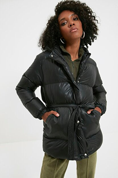 Women's Hooded Pocket Black Coat