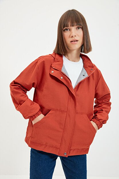 Women's Oversize Hooded Zipper Tile Red Coat