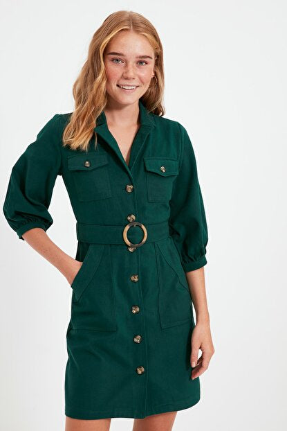 Women's Belted Khaki Shirt Dress