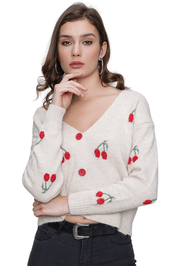 Women's Cherry Pattern Beige Cardigan