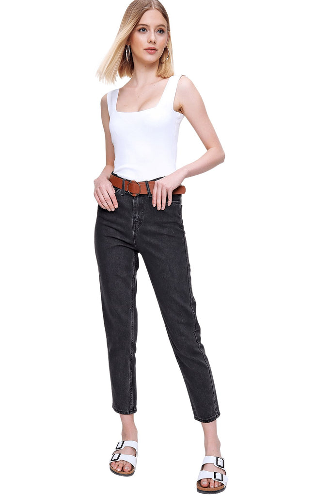 Women's High Waist Belted Anthracite Jeans