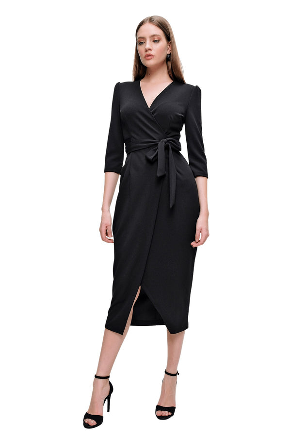 Women's Wrap Collar Black Dress