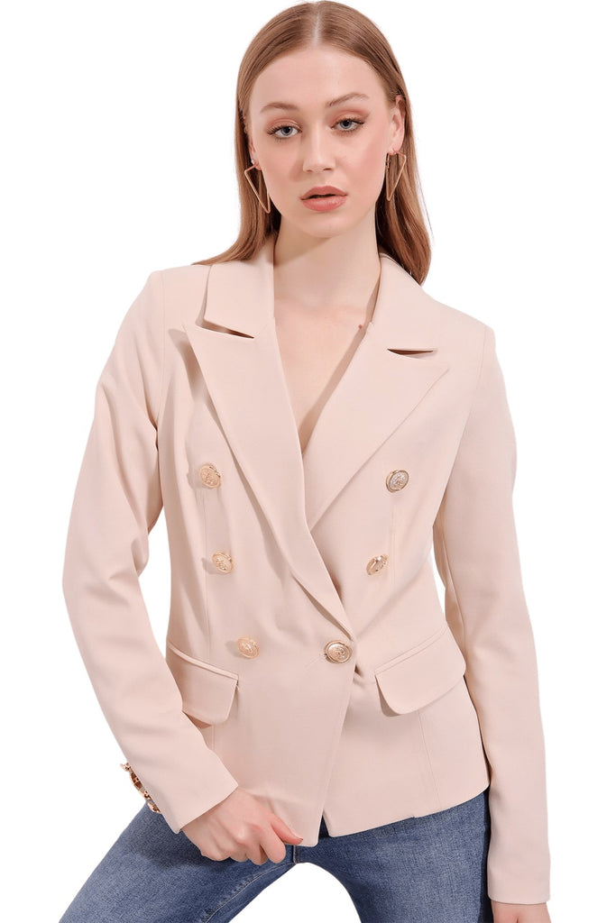 Women's Wrap Collar Button Beige Blazer Jacket