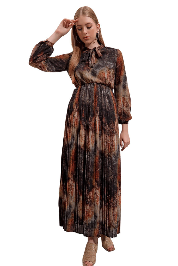 Women's Pleated Patterned Khaki Chiffon Dress
