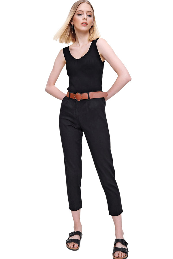 Women's Belted Black Linen Pants