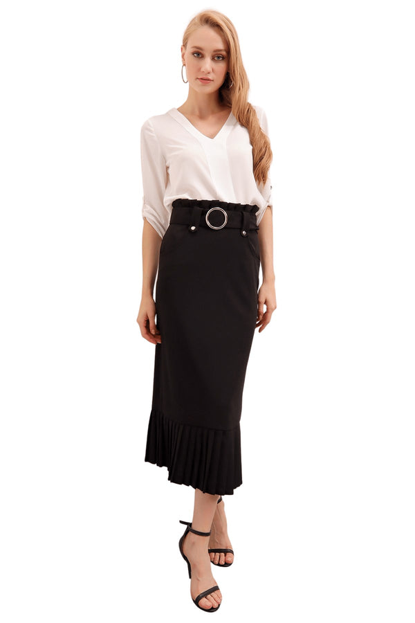 Women's Belted Pleated Hem Black Skirt