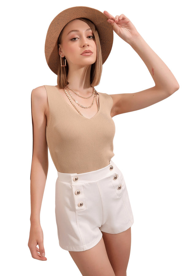 Women's Button Detail Cream Aerobin Shorts