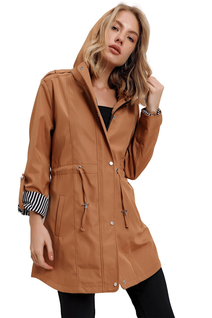 Women's Hooded Shirred Waist Ginger Trenchcoat