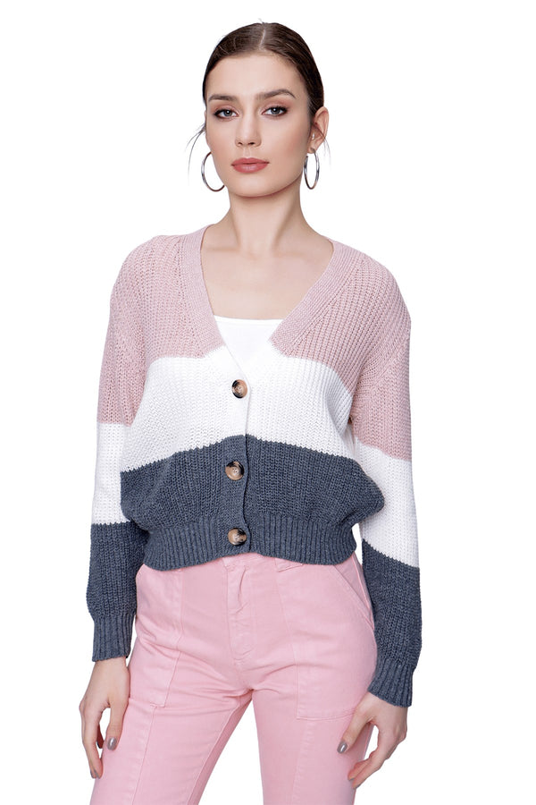 Women's Button Color Block Cardigan