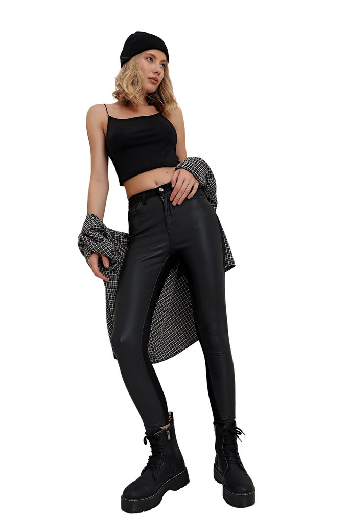 Women's Front Leather Black Jeans