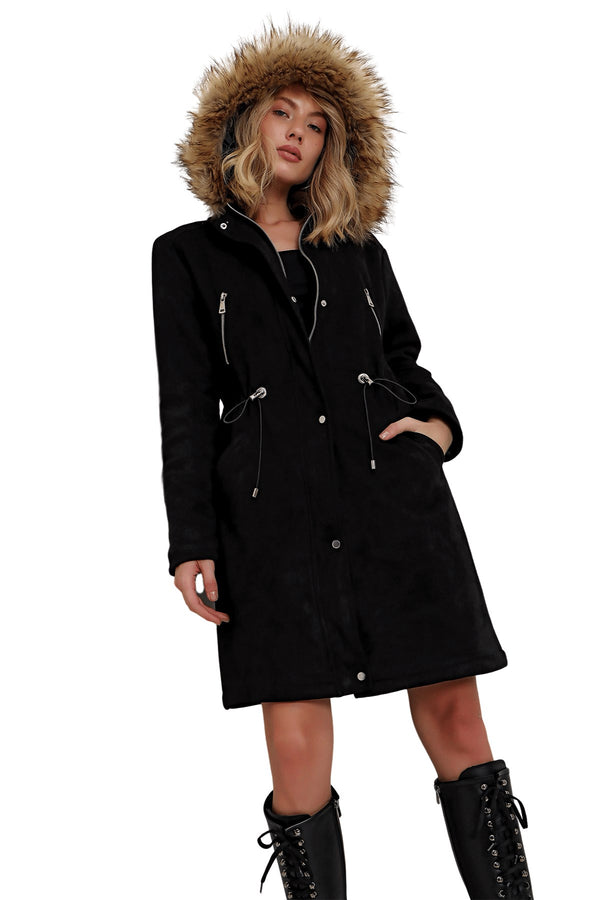 Women's Fur Hood Black Suede Coat