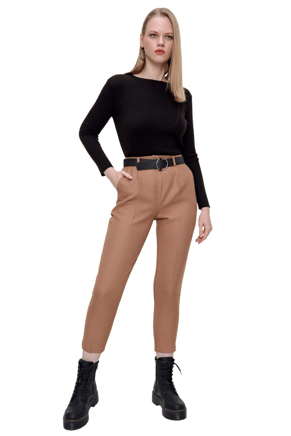 Women's Belted Camel Wool Effect Pants