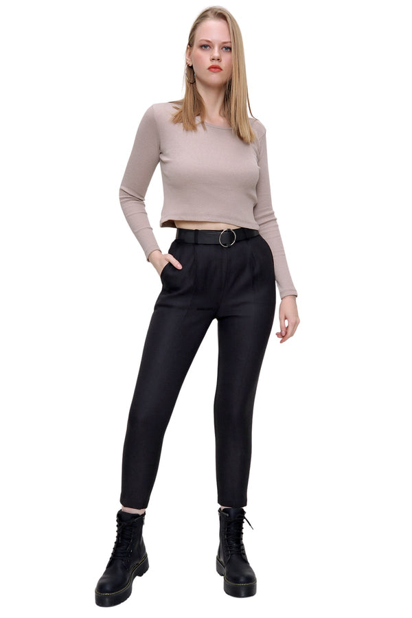 Women's Belted Black Wool Effect Pants