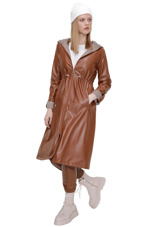 Women's Hooded Roll-up Sleeves Ginger Leather Trenchcoat