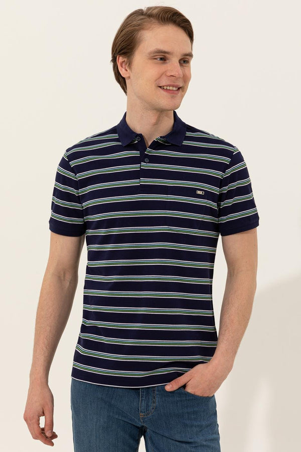 Men's Polo Collar Striped Navy Blue T-shirt