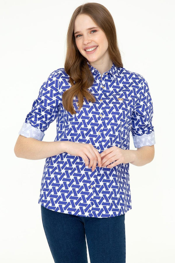 Women's Long Sleeves Patterned Blue Shirt