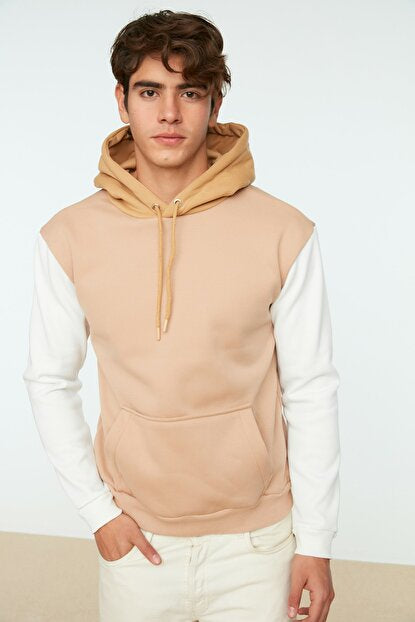 Men's Hooded Color Block Beige Regular Fit Sweatshirt