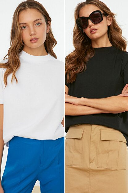Women's Stand-up Collar Basic Black - White T-shirt Set (2 Pieces)