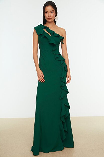Women's Frill Detail Emerald Green Evening Dress